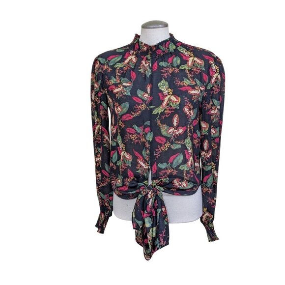Maison Cinquecent Womens XS Top Black Floral Sheer Tie Front Smocked Mock Neck - Picture 1 of 8